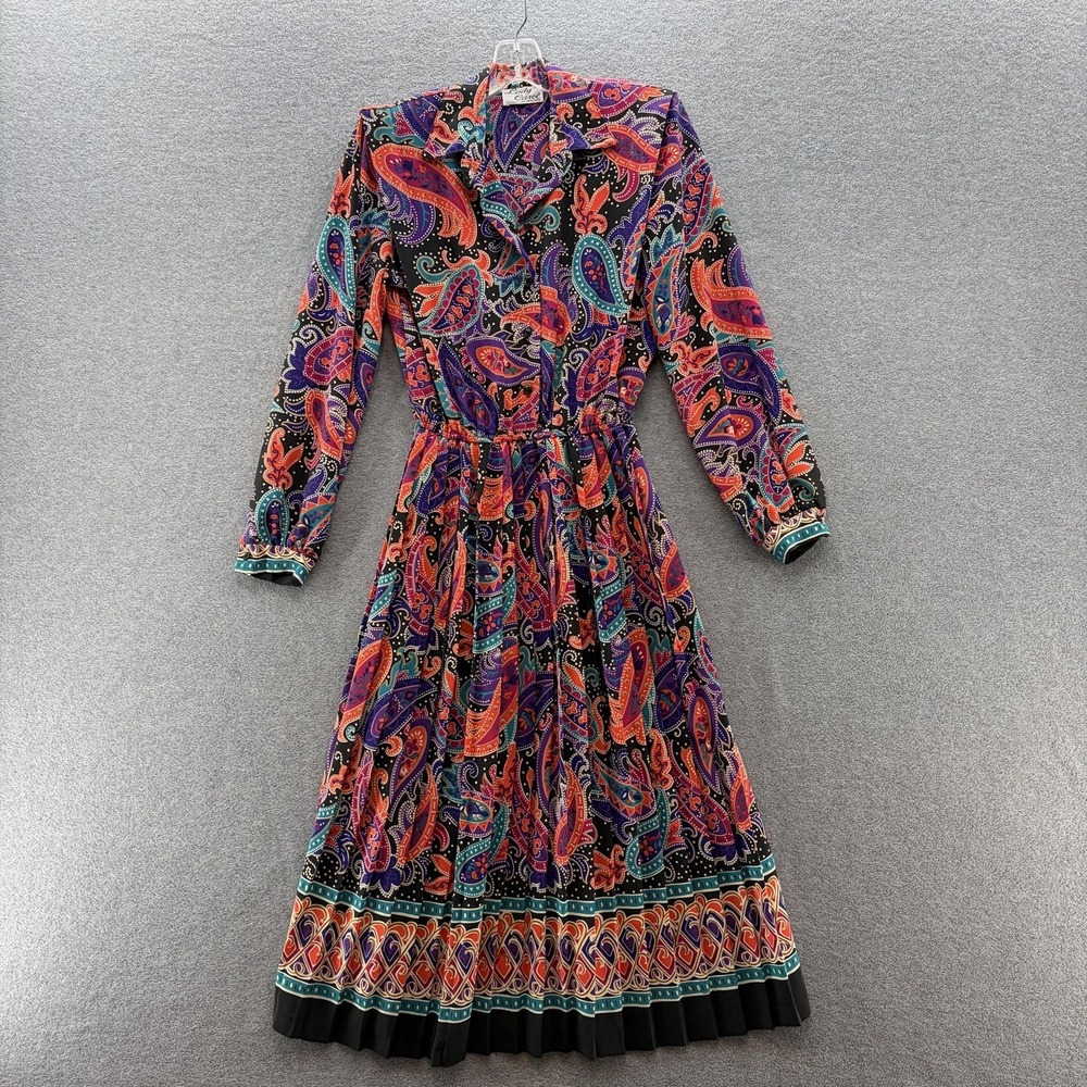VTG 80s Lady Carol Dress 10 Colorful Paisley Shirt Pleated Shoulder Pad Midi